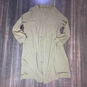 Olive Green Waffle Knit Open Front Cardigan Long Sleeve Lightweight‎ Soft Large